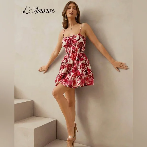 SHEIN Red Pink Cream Tropical Print Ruffle Mini Sundress Sz Medium New With Tags - Picture 5 of 11